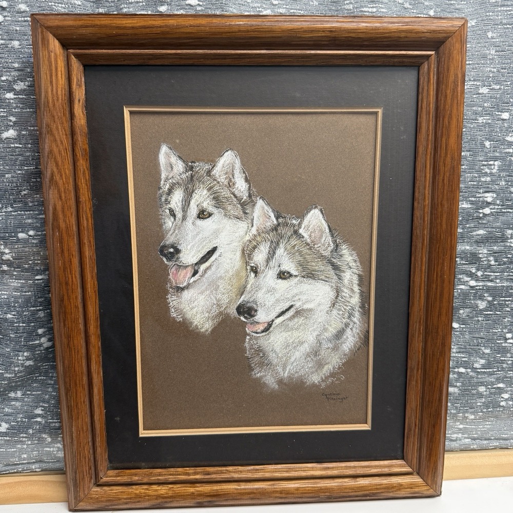 Vtg MCM Original Signed Siberian Husky Dog Portrait Pastel Pencil Framed Art